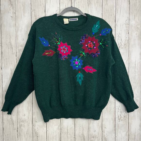Vintage Mariea Kim Green Floral Holiday Ugly Sparkle Knit Long Sleeve Sweater - Picture 1 of 8